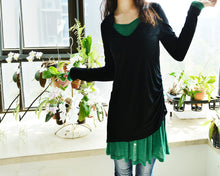 Load image into Gallery viewer, Women's cotton tunic top/asymmetrical tunic dress/plus size top/v-neck tunic dress/two pieces dress/long sleeve t-shirt Q0078