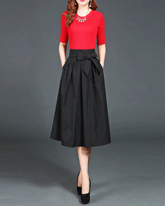 Midi skirt/Cotton skirt/A-line skirt/pleated skirt/dark blue skirt/elastic waist skirt/black skirt L0018