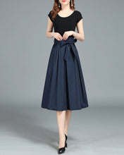 Load image into Gallery viewer, Midi skirt/Cotton skirt/A-line skirt/pleated skirt/dark blue skirt/elastic waist skirt/black skirt L0018