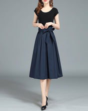 Load image into Gallery viewer, Midi skirt/Cotton skirt/A-line skirt/pleated skirt/dark blue skirt/elastic waist skirt/black skirt L0018
