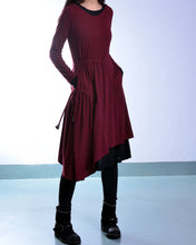 Load image into Gallery viewer, Women's cotton dress set/asymmetrical dress/plus size dress/long sleeve dress/layered dress/oversized dress/v-neck dress Q08