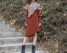 Load image into Gallery viewer, Women's cowl neck dress, loose fit dress, cotton dress, long sleeve dress, sweater dress, asymmetrical dress, dress with poncho(Q1079)