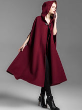 Load image into Gallery viewer, Cape coat with hood, wool poncho jacket, high neck coat, wool cloak coat, wool shawl winter coat, vintage cape(Y1908)