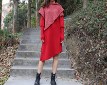 Load image into Gallery viewer, Women's cowl neck dress, loose fit dress, cotton dress, long sleeve dress, sweater dress, asymmetrical dress, dress with poncho(Q1079)