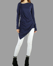 Load image into Gallery viewer, Tunic tops for women, cotton tunic dress, long sleeve t-shirt, long top, dark blue cotton top(Y1041)