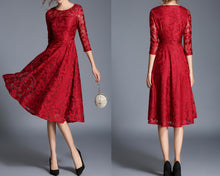 Load image into Gallery viewer, Women's crew neck dress, Lace dress, 3/4 sleeve dress, midi dress, party dress, evening dress, black dress(Q2098)