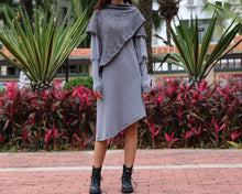 Load image into Gallery viewer, Women's cowl neck dress, loose fit dress, cotton dress, long sleeve dress, sweater dress, asymmetrical dress, dress with poncho(Q1079)