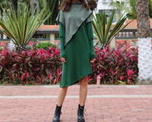 Load image into Gallery viewer, Women's cowl neck dress, loose fit dress, cotton dress, long sleeve dress, sweater dress, asymmetrical dress, dress with poncho(Q1079)