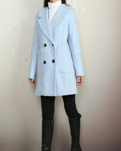 Load image into Gallery viewer, Overcoat women, double breasted coat, wool jacket, long coat, winter coat, light blue jacket(Y2118)
