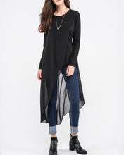 Load image into Gallery viewer, Asymmetrical t-shirt, Cotton and chiffon t-shirt, Long sleeve top, crew neck t-shirts, cotton top, patchwork t-shirt(Y1191L)