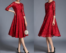 Load image into Gallery viewer, Women's crew neck dress, Lace dress, 3/4 sleeve dress, midi dress, party dress, evening dress, black dress(Q2098)