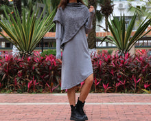 Load image into Gallery viewer, Women's cowl neck dress, loose fit dress, cotton dress, long sleeve dress, sweater dress, asymmetrical dress, dress with poncho(Q1079)