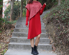 Load image into Gallery viewer, Women's cowl neck dress, loose fit dress, cotton dress, long sleeve dress, sweater dress, asymmetrical dress, dress with poncho(Q1079)