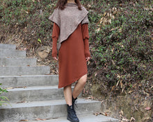 Load image into Gallery viewer, Women's cowl neck dress, loose fit dress, cotton dress, long sleeve dress, sweater dress, asymmetrical dress, dress with poncho(Q1079)