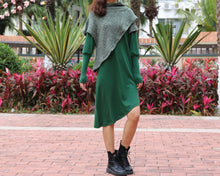 Load image into Gallery viewer, Women's cowl neck dress, loose fit dress, cotton dress, long sleeve dress, sweater dress, asymmetrical dress, dress with poncho(Q1079)