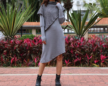 Load image into Gallery viewer, Women's cowl neck dress, loose fit dress, cotton dress, long sleeve dress, sweater dress, asymmetrical dress, dress with poncho(Q1079)