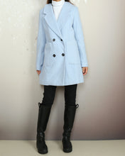Load image into Gallery viewer, Overcoat women, double breasted coat, wool jacket, long coat, winter coat, light blue jacket(Y2118)
