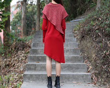 Load image into Gallery viewer, Women's cowl neck dress, loose fit dress, cotton dress, long sleeve dress, sweater dress, asymmetrical dress, dress with poncho(Q1079)