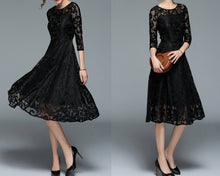Load image into Gallery viewer, Women's crew neck dress, Lace dress, 3/4 sleeve dress, midi dress, party dress, evening dress, black dress(Q2098)