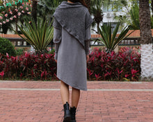 Load image into Gallery viewer, Women's cowl neck dress, loose fit dress, cotton dress, long sleeve dress, sweater dress, asymmetrical dress, dress with poncho(Q1079)