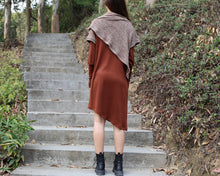 Load image into Gallery viewer, Women's cowl neck dress, loose fit dress, cotton dress, long sleeve dress, sweater dress, asymmetrical dress, dress with poncho(Q1079)