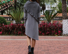 Load image into Gallery viewer, Women's cowl neck dress, loose fit dress, cotton dress, long sleeve dress, sweater dress, asymmetrical dress, dress with poncho(Q1079)