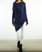 Load image into Gallery viewer, Tunic tops for women, cotton tunic dress, long sleeve t-shirt, long top, dark blue cotton top(Y1041)