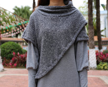 Load image into Gallery viewer, Women's cowl neck dress, loose fit dress, cotton dress, long sleeve dress, sweater dress, asymmetrical dress, dress with poncho(Q1079)