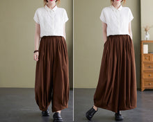 Load image into Gallery viewer, Linen skirt pants, ankle length pants, Wide leg pants, black skirt pants, cotton pants, custom made, green pants (K2249)