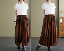 Load image into Gallery viewer, Linen skirt pants, ankle length pants, Wide leg pants, black skirt pants, cotton pants, custom made, green pants (K2249)