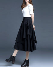 Load image into Gallery viewer, Cotton skirt/Midi skirt/a-line skirt/black skirt/elastic waist skirt/asymmetrical skirt/layered skirt L0058