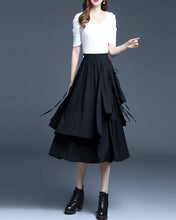 Load image into Gallery viewer, Cotton skirt/Midi skirt/a-line skirt/black skirt/elastic waist skirt/asymmetrical skirt/layered skirt L0058