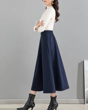Load image into Gallery viewer, Wool skirt/Midi skirt/Winter skirt/A-line skirt/dark blue skirt/elastic waist skirt/skirt with pockets/customized skirt A008