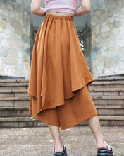 Load image into Gallery viewer, Linen skirt pants/wide leg pants/Cropped pants/Asymmetrical skirt pants/Elastic waist pants/A-line skirt pants/orange skirt/layered pants (K2135Y)