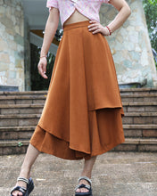 Load image into Gallery viewer, Linen skirt pants/wide leg pants/Cropped pants/Asymmetrical skirt pants/Elastic waist pants/A-line skirt pants/orange skirt/layered pants (K2135Y)