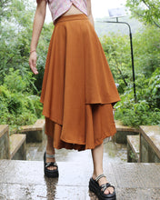 Load image into Gallery viewer, Linen skirt pants/wide leg pants/Cropped pants/Asymmetrical skirt pants/Elastic waist pants/A-line skirt pants/orange skirt/layered pants (K2135Y)