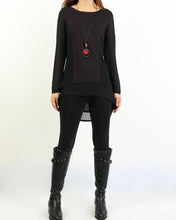 Load image into Gallery viewer, Asymmetrical t-shirt, Cotton and chiffon t-shirt, Long sleeve top, crew neck t-shirts, cotton top, patchwork t-shirt(Y1192)