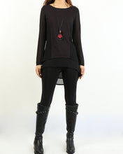 Load image into Gallery viewer, Asymmetrical t-shirt, Cotton and chiffon t-shirt, Long sleeve top, crew neck t-shirts, cotton top, patchwork t-shirt(Y1192)