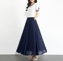 Load image into Gallery viewer, Chiffon Skirt/Maxi Skirt/Long Skirt/A-Line Skirt/Flare Skirt/Dark Blue Skirt/Elastic Waist Skirt L0035