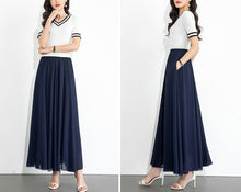 Load image into Gallery viewer, Chiffon Skirt/Maxi Skirt/Long Skirt/A-Line Skirt/Flare Skirt/Dark Blue Skirt/Elastic Waist Skirt L0035