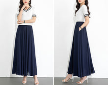 Load image into Gallery viewer, Chiffon Skirt/Maxi Skirt/Long Skirt/A-Line Skirt/Flare Skirt/Dark Blue Skirt/Elastic Waist Skirt L0035