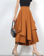 Load image into Gallery viewer, Linen skirt pants/wide leg pants/Cropped pants/Asymmetrical skirt pants/Elastic waist pants/A-line skirt pants/orange skirt/layered pants (K2135Y)