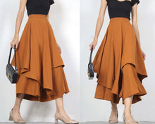 Load image into Gallery viewer, Linen skirt pants/wide leg pants/Cropped pants/Asymmetrical skirt pants/Elastic waist pants/A-line skirt pants/orange skirt/layered pants (K2135Y)
