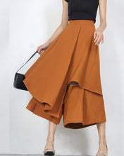 Load image into Gallery viewer, Linen skirt pants/wide leg pants/Cropped pants/Asymmetrical skirt pants/Elastic waist pants/A-line skirt pants/orange skirt/layered pants (K2135Y)