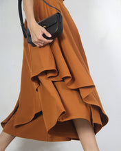 Load image into Gallery viewer, Linen skirt pants/wide leg pants/Cropped pants/Asymmetrical skirt pants/Elastic waist pants/A-line skirt pants/orange skirt/layered pants (K2135Y)