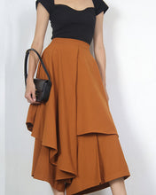 Load image into Gallery viewer, Linen skirt pants/wide leg pants/Cropped pants/Asymmetrical skirt pants/Elastic waist pants/A-line skirt pants/orange skirt/layered pants (K2135Y)