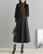 Load image into Gallery viewer, Wool skirt/Midi skirt/Winter skirt/A-line skirt/dark blue skirt/elastic waist skirt/skirt with pockets/customized skirt A008