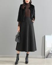 Load image into Gallery viewer, Wool skirt/Midi skirt/Winter skirt/A-line skirt/dark blue skirt/elastic waist skirt/skirt with pockets/customized skirt A008