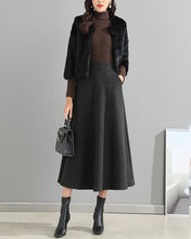 Load image into Gallery viewer, Wool skirt/Midi skirt/Winter skirt/A-line skirt/dark blue skirt/elastic waist skirt/skirt with pockets/customized skirt A008