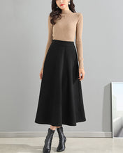 Load image into Gallery viewer, Wool skirt/Midi skirt/Winter skirt/A-line skirt/dark blue skirt/elastic waist skirt/skirt with pockets/customized skirt A008